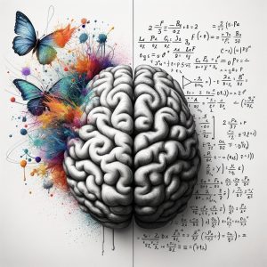 Right and left human brain concept. Creative part and logical part with a social and business part. Creative brain art explodes with sketches of paint butterflies. Successful math mindset with formulas. white background