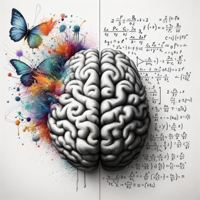 Right and left human brain concept. Creative part and logical part with a social and business part. Creative brain art explodes with sketches of paint butterflies. Successful math mindset with formulas. white background
